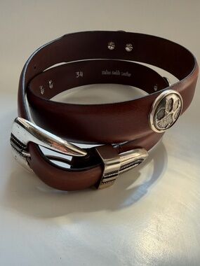Enmon Clemson Belt Italian Saddle Leather Brown Silver Size 34